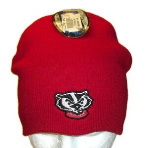 Wisconsin Badgers University Mens Red Winter Beanie Hat Cap Front Back Logos New